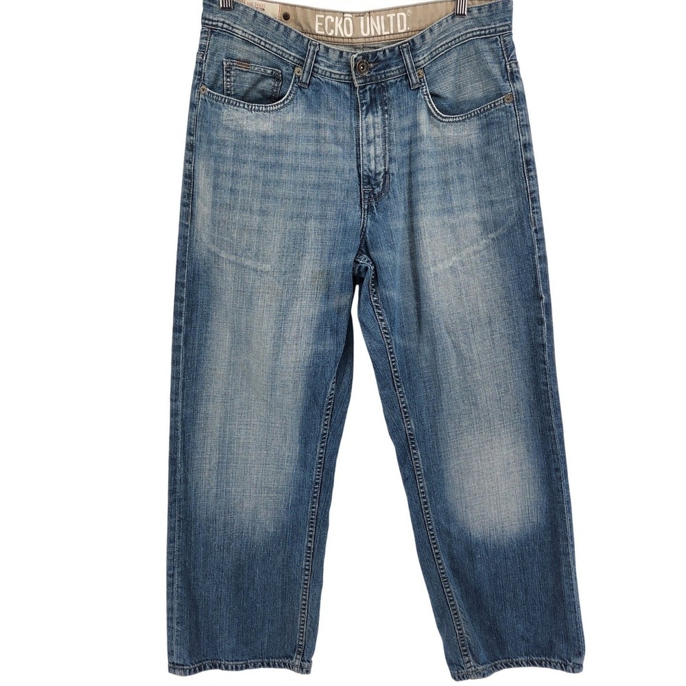 Ecko Unltd Relaxed Jeans 34x29 Blue Denim Wide Leg Streetwear Faded Baggy